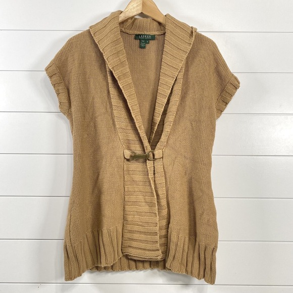 Lauren Ralph Lauren Womens Linen Cotton Shawl Collar Y2K Cap Sleeve Sweater sz M - Picture 1 of 11